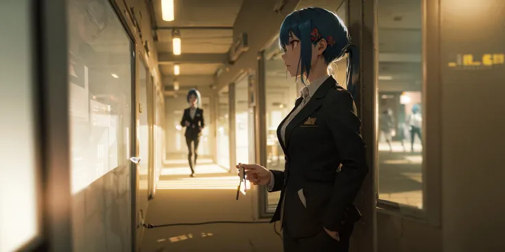 masterpiece,best quality, 2girls,solo,blue hair,cigarette,embarrassed:1.4,business suit,3D animation, Pixar style,physically based rendering,ray tracing,chiaroscuro,half-shadow,  global illumination,ambient occlusion, depth of field, dramatic shadows, warm and cool tones:0.3, rim lighting, subsurface scattering, atmospheric perspective, volumetric lighting, realistic shadows, soft shadows, backlit, bloom, flares, god rays, neon lights:0.5, reflections, highlights, bokeh, <lora:vividImpactfulStyle_v40g:0.4>
