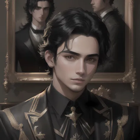 absurdres, young, (((masterpiece))), portrait, beautiful man, 1boy, dark black hair, dynamic composition, <lora:vividImpactfulStyle_v40g:0.7>, vvi\(face\), vvi\(eyes\)