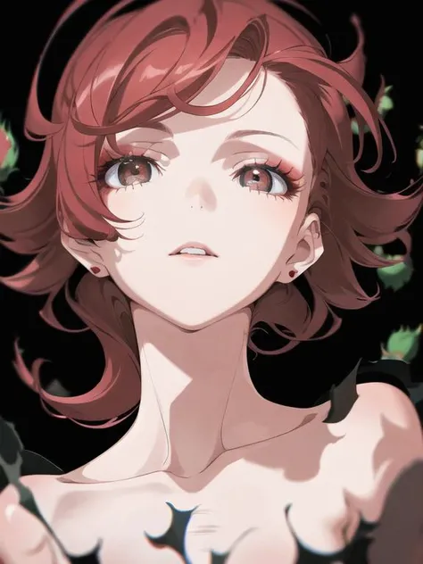 solo, 1girl, colored eyes, portrait, flowing hair, red hair, looking at viewer, (black background), shadow, chromatic aberration, red eye, eyelashes, blur, upper body, wind, vvi \(artstyle \) , vvi\(face \), clusters of red roses in the background, cool girl