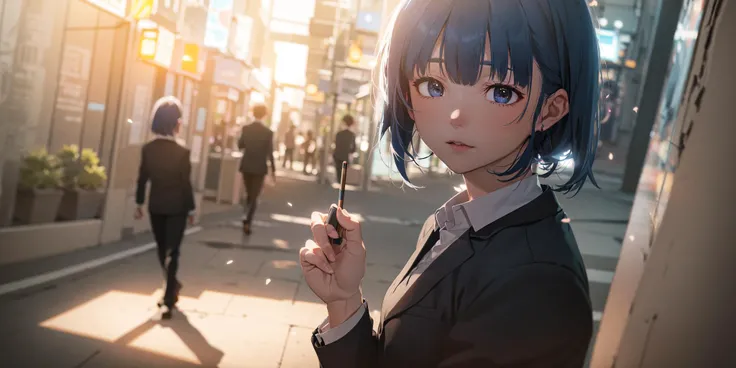 masterpiece,best quality, 2girls,solo,blue hair,cigarette,embarrassed:1.4,business suit,3D animation, Pixar style,physically based rendering,ray tracing, global illumination,ambient occlusion, depth of field, dramatic shadows, warm and cool tones:0.3, rim lighting, subsurface scattering, atmospheric perspective, volumetric lighting, realistic shadows, soft shadows, backlit, bloom, flares, god rays, neon lights:0.5, reflections, highlights, bokeh, <lora:vividImpactfulStyle_v40g:0.4>