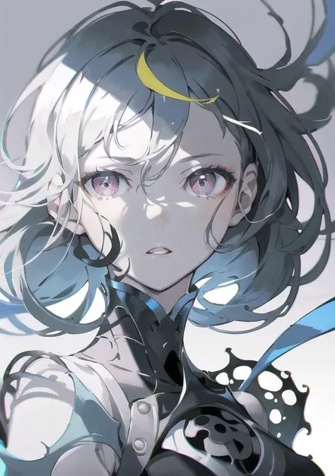 ultra realistic 8k game CG, (masterpiece:1.4), (best quality:1.4), solo, 1girl, monochrome, spot color, multicolored eyes, portrait, floating hair, parted lips, looking at viewer, grey background, shadow, chromatic aberration, blurry, upper body, wind,<lora:vividImpactfulStyleYoneyamaMai_v40gLora:0.8>