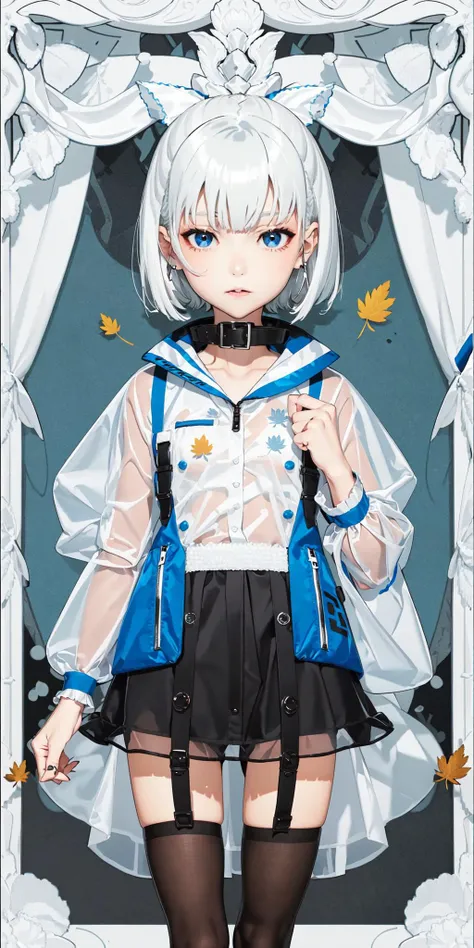 Best Quality, Masterpiece,1girl,solo focus:1.5,vvi\(artstyle\),animal collar,see-through,glod,pop,white hair,maple leaf background:1.5, blue theme,<lora:animeTarotCardArtStyleLora_v30:1> <lora:vividImpactfulStyle_v40g:0.7>