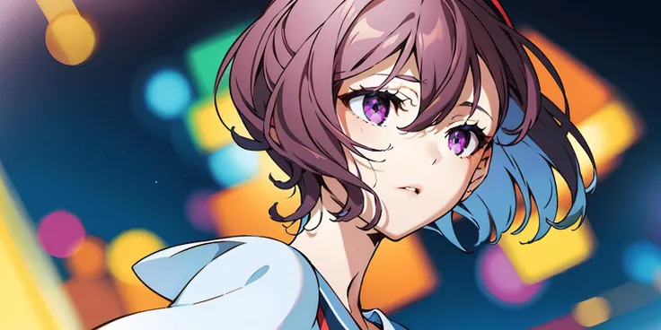 vvi\(artstyle\), vvi\(face\),vvi\(eyes\),vvi\(oa\),(Masterpiece:1.2, high quality), (pixiv:1.4), (1girl:1.2), (solo:1.2),(looking away),short hair,Dark Purple hair,(upper_body),sailor dress,(depth of field, bokeh, blurry:1.2), delicate eyes,(colorful hair),dynamic_angle,hair_ribbon
