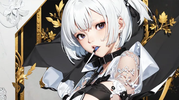 Best Quality, Masterpiece,1girl,solo focus,vvi\(artstyle\),animal collar,see-through,hair in mouth,pop,white hair, heart-shaped pupils, <lora:animeTarotCardArtStyleLora_v30:1> <lora:vividImpactfulStyle_v40g:0.7>