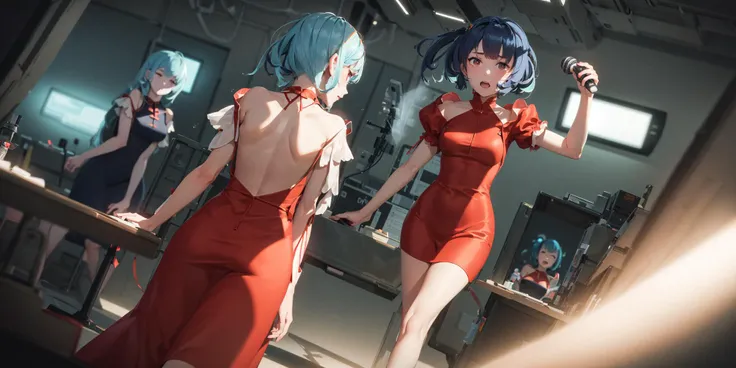 masterpiece,best quality, 4girls,solo,blue hair,microphone,embarrassed:1.4,red dress,3D animation, Pixar style,physically based rendering,ray tracing, global illumination,ambient occlusion, depth of field, dramatic shadows, warm and cool tones:0.3, rim lighting, subsurface scattering, atmospheric perspective, volumetric lighting, realistic shadows, soft shadows, backlit, bloom, flares, god rays, neon lights:0.5, reflections, highlights, bokeh, <lora:vividImpactfulStyle_v40g:0.4>