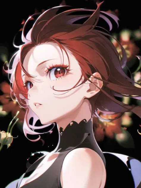 solo, 1girl, portrait, flowing hair, red hair, looking at viewer, (black background), shadow, chromatic aberration, red eye, eyelashes, bokeh, wind, vvi\(artstyle\), vvi\(face\ ), ( (Red Blossoms)), cool girl,