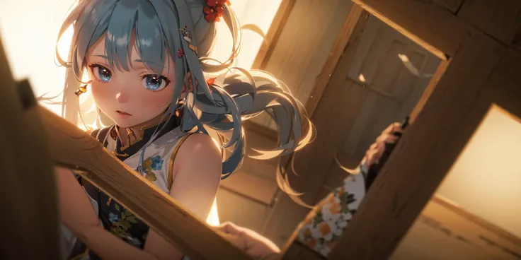 masterpiece,best quality, 1girl,solo,blue hair,embarrassed,chinese clothes,3D animation, Pixar style,physically based rendering,ray tracing, global illumination,ambient occlusion, depth of field, dramatic shadows, warm and cool tones:0.3, rim lighting, subsurface scattering, atmospheric perspective, volumetric lighting, realistic shadows, soft shadows, backlit, bloom, flares, god rays, neon lights:0.5, reflections, highlights, bokeh, <lora:vividImpactfulStyle_v40g:0.4>