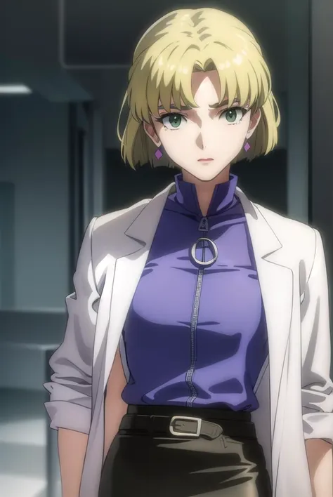 ritsukoakagi, <lyco:ritsuko akagi rebuild-lyco-nochekaiser:1>,
ritsuko akagi, short hair, blonde hair, mole, mole under eye, (parted bangs:1.5), (green eyes:1.5),
BREAK lipstick, skirt, jewelry, pantyhose, earrings, belt, pencil skirt, labcoat, shirt, purple shirt, turtleneck, zipper,
BREAK indoors, laboratory,
BREAK looking at viewer, (cowboy shot:1.5),
BREAK <lyco:GoodHands-beta2:1>, (masterpiece:1.2), best quality, high resolution, unity 8k wallpaper, (illustration:0.8), (beautiful detailed eyes:1.6), extremely detailed face, perfect lighting, extremely detailed CG, (perfect hands, perfect anatomy),