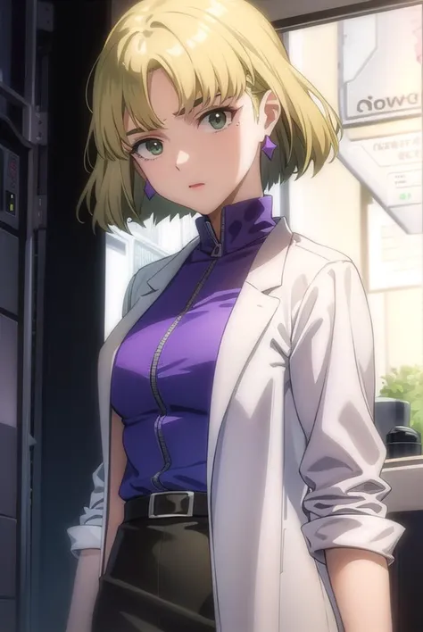 ritsukoakagi, <lyco:ritsuko akagi rebuild-lyco-nochekaiser:1>,
ritsuko akagi, short hair, blonde hair, mole, mole under eye, (parted bangs:1.5), (green eyes:1.5),
BREAK lipstick, skirt, jewelry, pantyhose, earrings, belt, pencil skirt, labcoat, shirt, purple shirt, turtleneck, zipper,
BREAK indoors, laboratory,
BREAK looking at viewer, (cowboy shot:1.5),
BREAK <lyco:GoodHands-beta2:1>, (masterpiece:1.2), best quality, high resolution, unity 8k wallpaper, (illustration:0.8), (beautiful detailed eyes:1.6), extremely detailed face, perfect lighting, extremely detailed CG, (perfect hands, perfect anatomy),