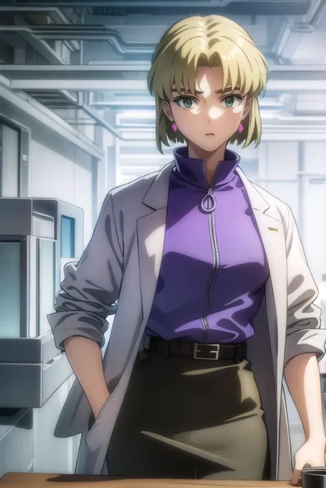 ritsukoakagi, <lyco:ritsuko akagi rebuild-lyco-nochekaiser:1>,
ritsuko akagi, short hair, blonde hair, mole, mole under eye, (parted bangs:1.5), (green eyes:1.5),
BREAK lipstick, skirt, jewelry, pantyhose, earrings, belt, pencil skirt, labcoat, shirt, purple shirt, turtleneck, zipper,
BREAK indoors, laboratory,
BREAK looking at viewer, (cowboy shot:1.5),
BREAK <lyco:GoodHands-beta2:1>, (masterpiece:1.2), best quality, high resolution, unity 8k wallpaper, (illustration:0.8), (beautiful detailed eyes:1.6), extremely detailed face, perfect lighting, extremely detailed CG, (perfect hands, perfect anatomy),