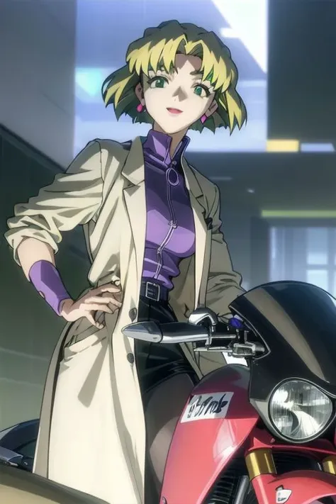 ritsuko akagi, short hair, blonde hair, mole, mole under eye, (parted bangs:1.5), (green eyes:1.5),, lipstick, skirt, jewelry, pantyhose, earrings, belt, pencil skirt, labcoat, shirt, purple shirt, turtleneck, zipper, riding a motorcycle, huge smile