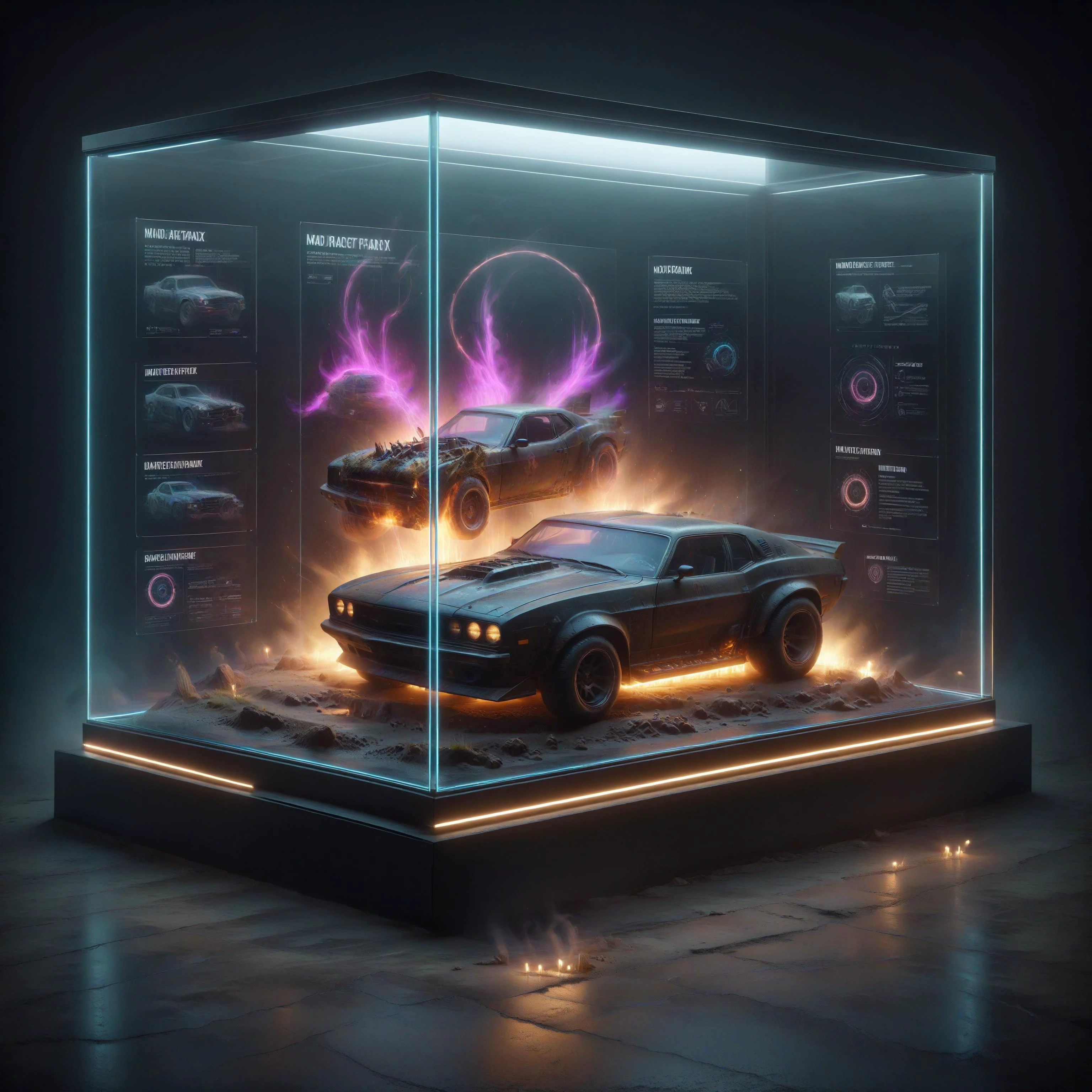 cyberpunk, neonpunk, damaged car, mad max style car, muscle car, worn, dirt, fog, dim lighting,
<lora:glowneon_xl_v1:0.5> , wide shot, cinematic, silhouette, volumetric lighting, smoke, depth of field, <lora:DisplayCaseXL:.7> display case