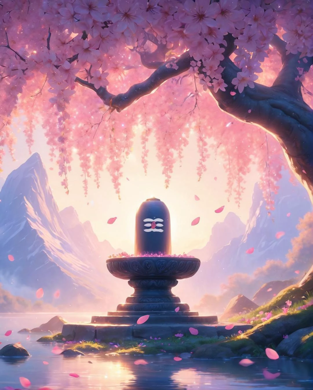 Awesome illustration, cute realistic artwork of shivalinga under the cherry blossom tree, falling petals, ,pink flowers, sunbeam, falling on the shiva linga, lens flare, light rays ,showcasing celestial grace, key visual, vibrant, in an aura of pure divine art, a magical realm effect, enchanting, intricate details, ultra sharp <lora:more_details:0.3><lora:Cute_3D_Cartoon:0.5>