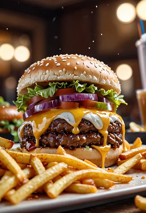 Burger, french fries, oozing, flab, Food porn, close view, cinematic, 4k, zPDXL, zPDXL-neg