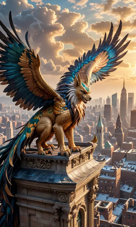 14) A gryphon female is seen looking over city rooftops before taking off into sky carrying along human woman as passenger upon her back, both of whom appear happy about this adventure despite flying so high up above ground level. Wind blows through hair giving it an airy quality which contrasts nicely against the solid rockiness underneath them detailed setting, with mist and smoke, and colorful accent lighting
