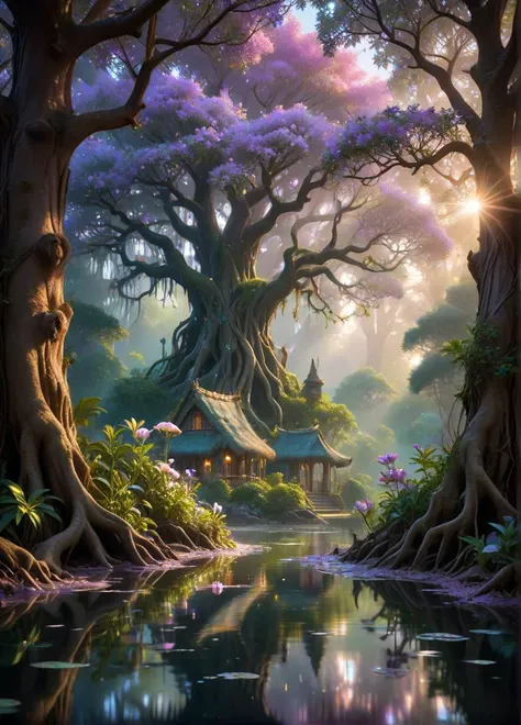 ethereal fantasy concept art of  magical fairy village, first light of dawn through a mangrove forest, warm radiance lighting, painted in hues of emerald, pink and lilac, fairies flit about preparing for the day, style of Kim Keever, style of Mikalojus Ciurlionis, . magnificent, celestial, ethereal, painterly, epic, majestic, magical, fantasy art, cover art, dreamy