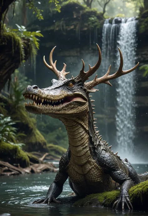 Photography guru,detailed anything,depth of field,Antlers Alien Crocodile,soaked in water,ecological waterfall,fantasy scenes,