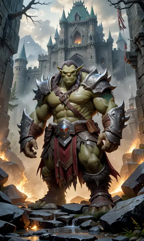 34) An ogre man stands guard outside large stone keep belonging to dwarven lord protecting him and others inside from any potential threats coming their way whether it be other races fighting over territory or natural disasters such as floods, earthquakes etc. The look on his face says he takes this duty seriously because lives are at stake detailed setting, with mist and smoke, and colorful accent lighting
