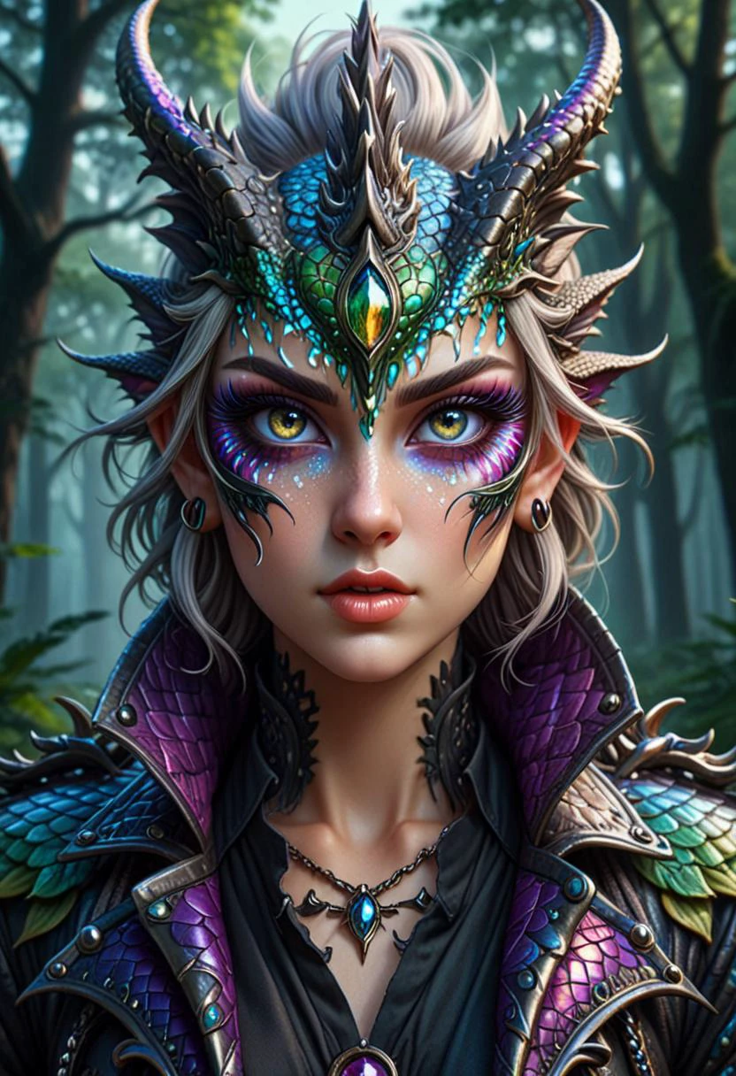 Pop Art style madpunk human dragon hybrid, human head, dragon scale skin, dragon eyes, male focus, full body, standing, grimdark, creepy tale:1.15, dark forest background, rim lighting, style of Anato Finnstark, by alena aenami, <lora:madpunk:0.8>, <lora:huge_anime_eyes:1> huge anime eyes, . Bright colors, bold outlines, popular culture themes, ironic or kitsch