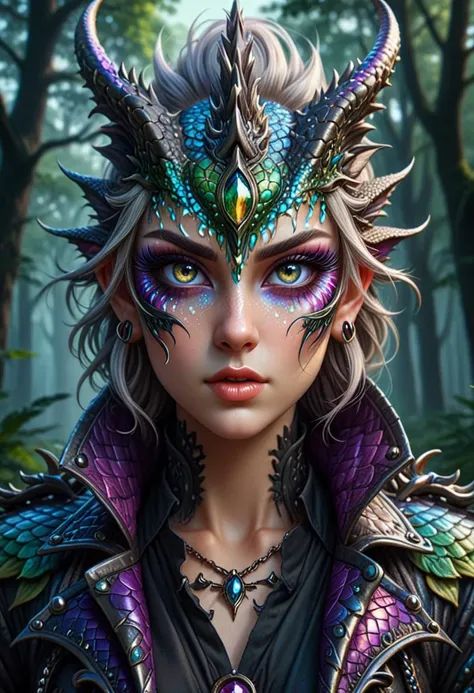 Pop Art style madpunk human dragon hybrid, human head, dragon scale skin, dragon eyes, male focus, full body, standing, grimdark, creepy tale:1.15, dark forest background, rim lighting, style of Anato Finnstark, by alena aenami,  <lora:madpunk:0.8>,  <lora:huge_anime_eyes:1> huge anime eyes, . Bright colors, bold outlines, popular culture themes, ironic or kitsch