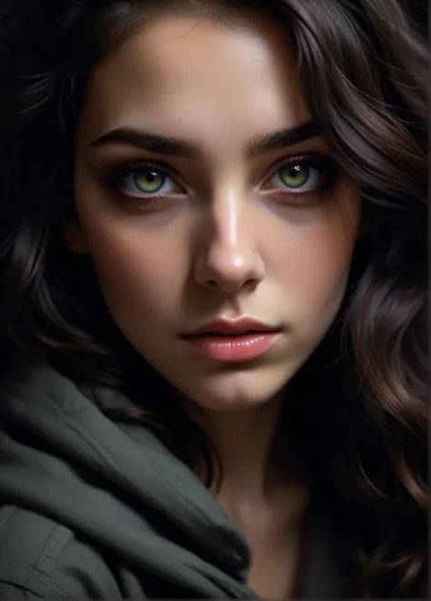 ashkenazi jewish young woman, mentally exhausted, unusual dark color pallette, caustic lighting, harsh shadows, bags under eyes, <lora:linquivera:1.2> linquivera, liiv1