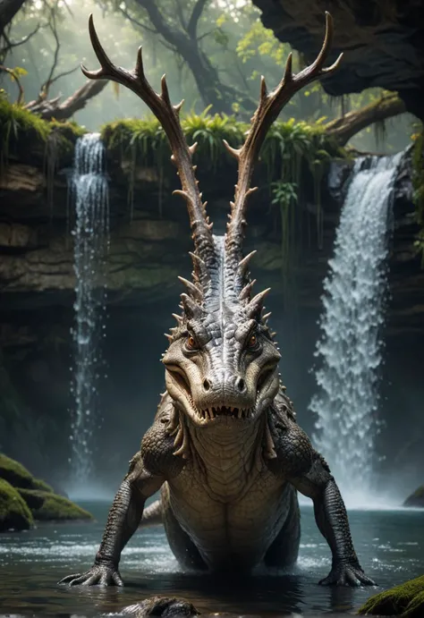 Photography guru,detailed anything,depth of field,Antlers Alien Crocodile,soaked in water,ecological waterfall,fantasy scenes,