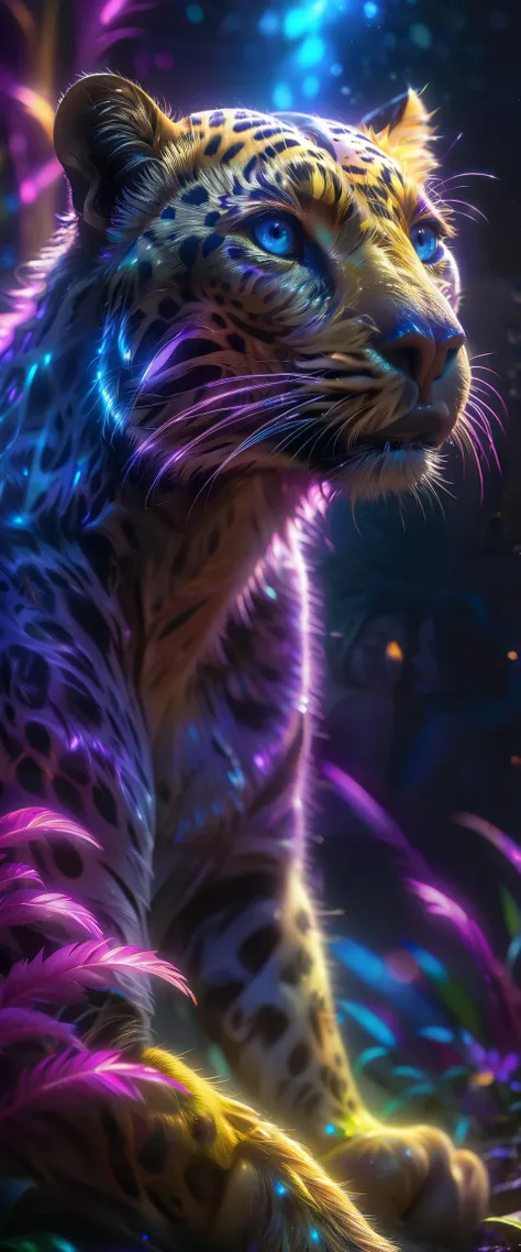 photorealistic, neon yellow leopard springs forward, neon pink, neon blue
, (highly detailed, hyperdetailed, intricate), (lens flare:0.4), (bloom:0.5), particle effects, cinematic lighting, (soft lighting:0.6), prominent projected shadows, deep depth of field, (film grain:0.5)
background jungle shrinks away