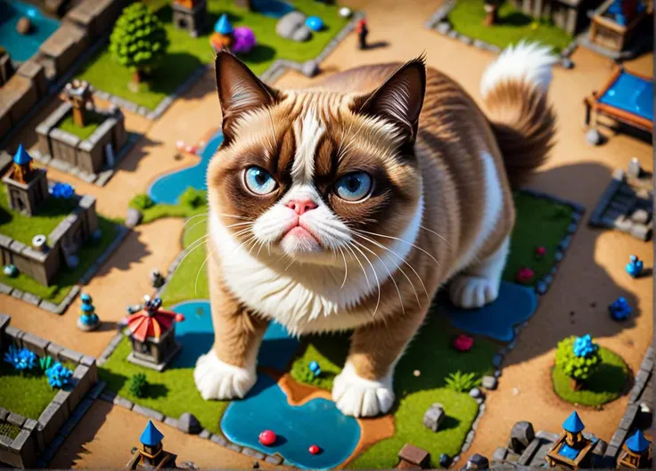 Strategy game style grumpy cat, . Overhead view, detailed map, units, reminiscent of real-time strategy video games