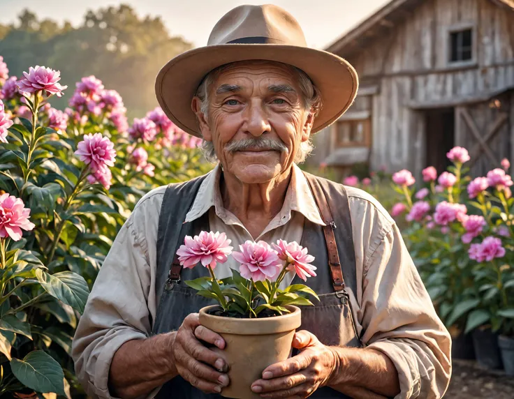 1older man wrinkled, wearing a hat, holding proudly a young pretty pink flower plant in a pot, background sunrise on the farm, intricate detail, 4K, cinematic