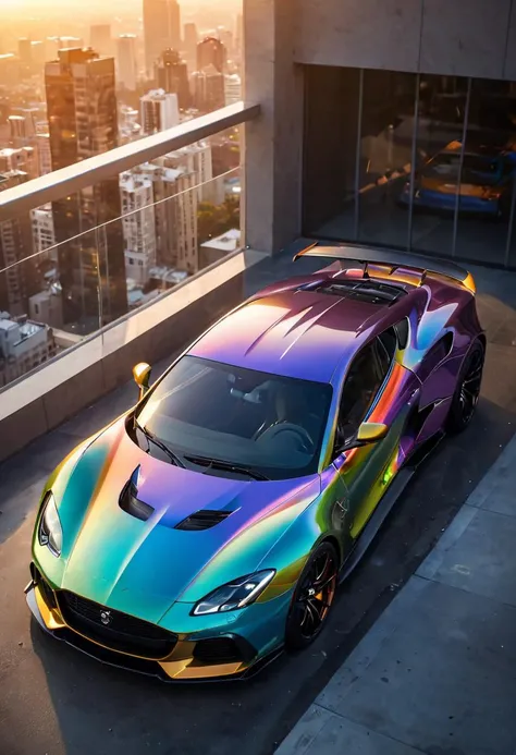 perfect rainbow sport car, shiny, sun ray, sunrise, reflects, top of a building