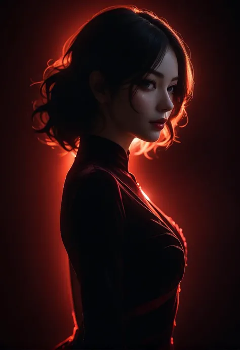 (dark:2),Frontal posture,velvet dress,red rim light,(((red backlighting))),red outline,Silhouette effect,