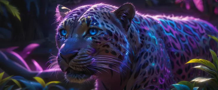 photorealistic, neon yellow leopard springs forward, neon pink, neon blue
, (highly detailed, hyperdetailed, intricate), (lens flare:0.4), (bloom:0.5), particle effects, cinematic lighting, (soft lighting:0.6), prominent projected shadows, deep depth of field, (film grain:0.5)
background jungle shrinks away