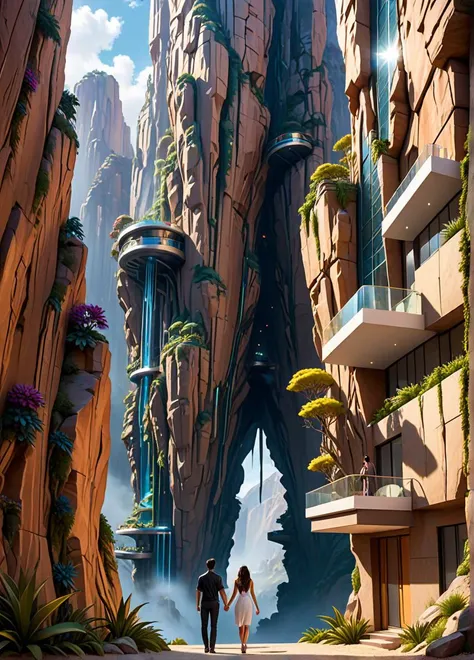 futuristic style steep canyon wells, futuristic cityscape in canyon, floating islands and sky gardens, couple holding hands walking away, steep canyon walls on body sides, . sleek, modern, ultramodern, high tech, detailed,