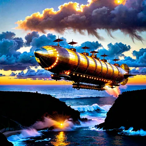 8) A steam-powered airship rises slowly above horizon line where sky meets ocean creating amazing panorama worth stopping whatever one might be doing otherwise since this view doesn't come along too often these days especially during twilight hour when everything looks much more romantic & picturesque than usual despite being same place we've all seen countless times already