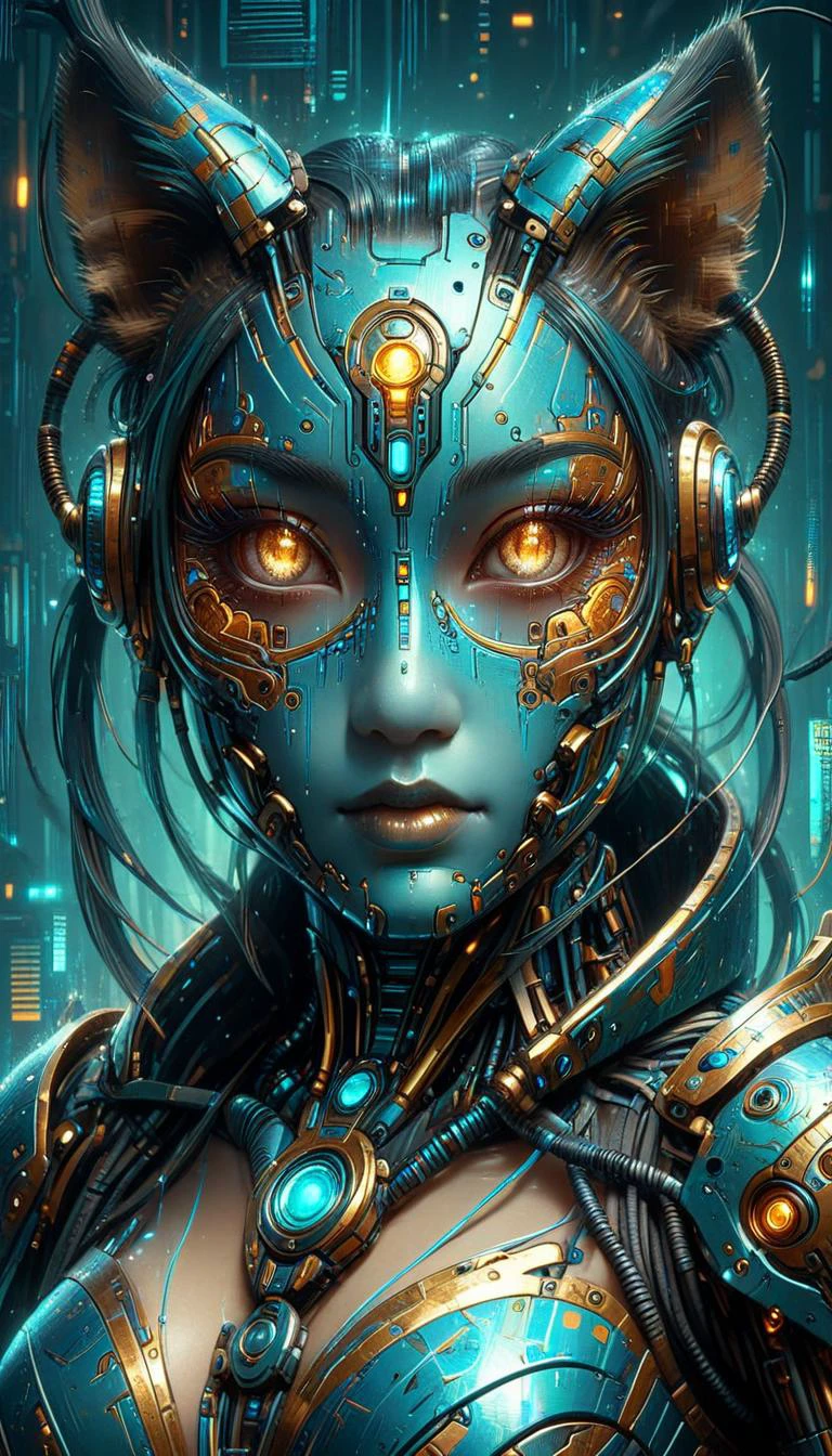 cybernetic robot pandaren, <lora:Neon_Cyberpunk_Impressionism_SDXL:0.8> mad-cybrpnkimprss. android, AI, machine, metal, wires, tech, futuristic, highly detailed,