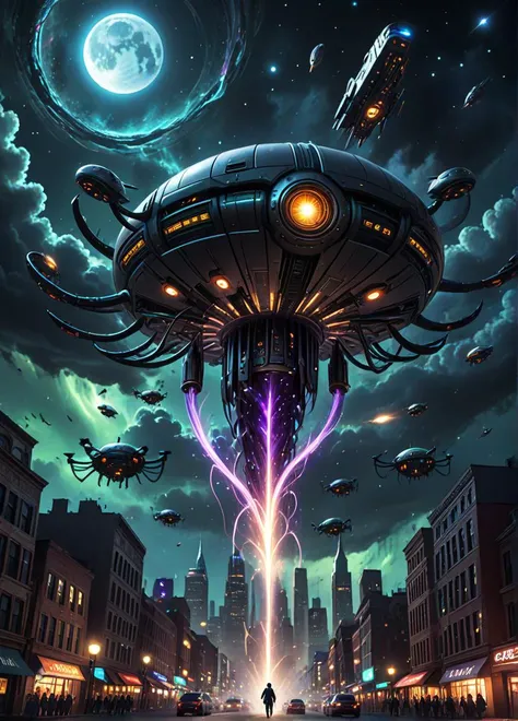 lovecraftian horror futuristic cityscape, hovering vehicles and flying drones, dark nebula sky, gigantic monster walking towards viewer, portal in the sky, <lora:SDS_Contrast tool_XL:-1.0>, . eldritch, cosmic horror, unknown, mysterious, surreal, highly detailed