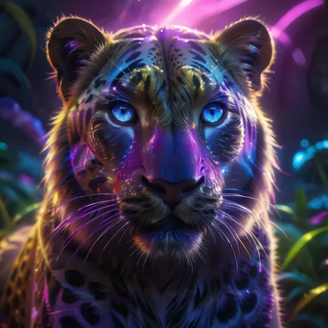 photorealistic, neon yellow leopard springs forward, neon pink, neon blue
, (highly detailed, hyperdetailed, intricate), (lens flare:0.4), (bloom:0.5), particle effects, cinematic lighting, (soft lighting:0.6), prominent projected shadows, deep depth of field, (film grain:0.5)
background jungle shrinks away
