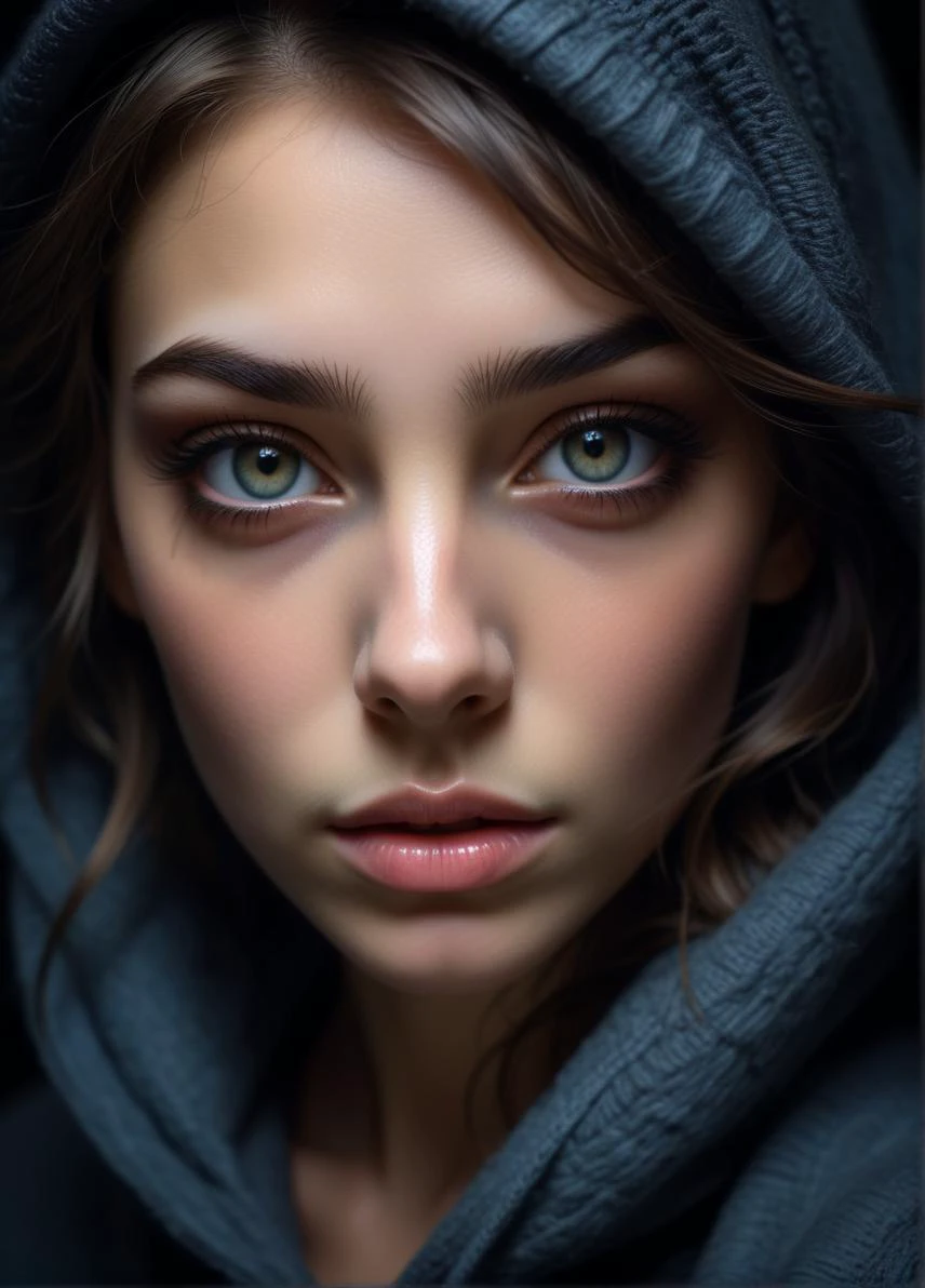 ashkenazi jewish young woman, mentally exhausted, unusual dark color pallette, caustic lighting, harsh shadows, bags under eyes, <lora:linquivera:1.2> linquivera, liiv1