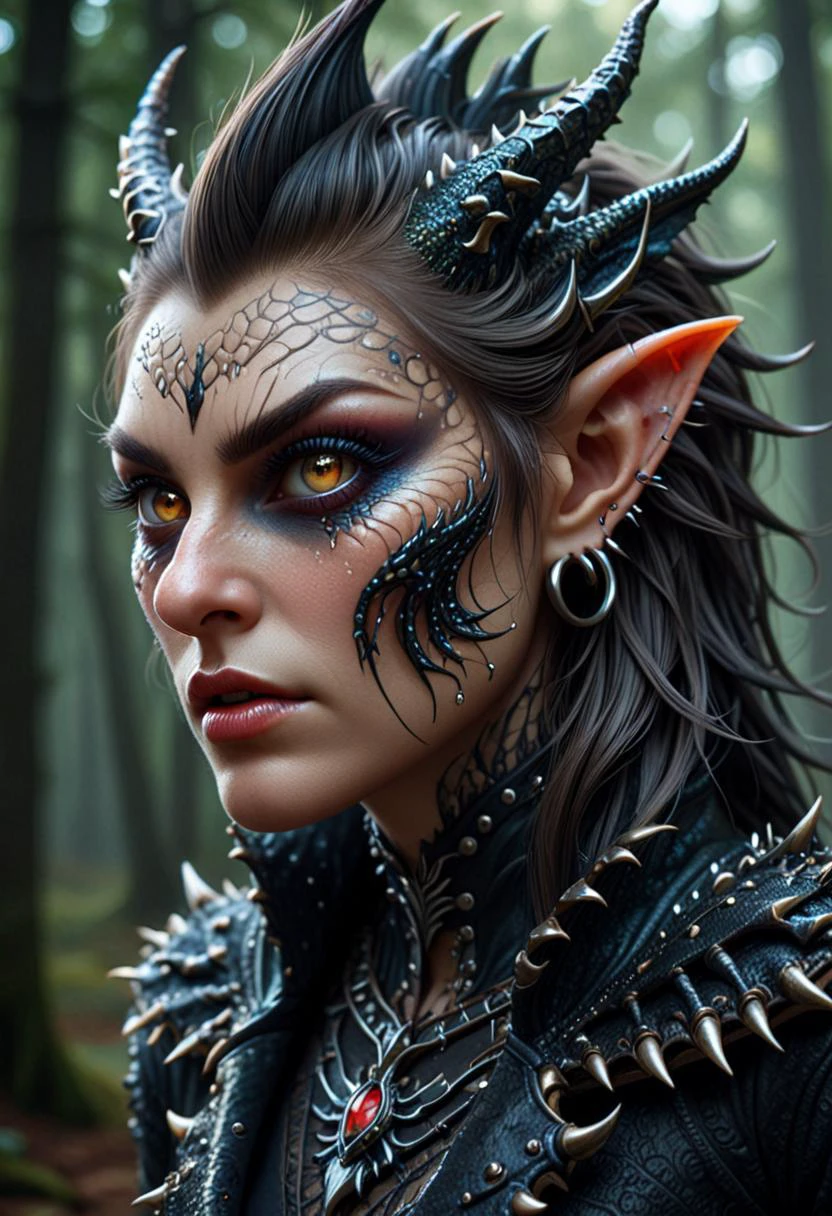 cinematic film still macabre style madpunk human dragon hybrid, human head, dragon scale skin, dragon eyes, male focus, full body, standing, grimdark, creepy tale:1.15, dark forest background, rim lighting, style of Anato Finnstark, by alena aenami, <lora:madpunk:0.8> . dark, gothic, grim, haunting, highly detailed, . shallow depth of field, vignette, highly detailed, high budget, bokeh, cinemascope, moody, epic, gorgeous, film grain, grainy