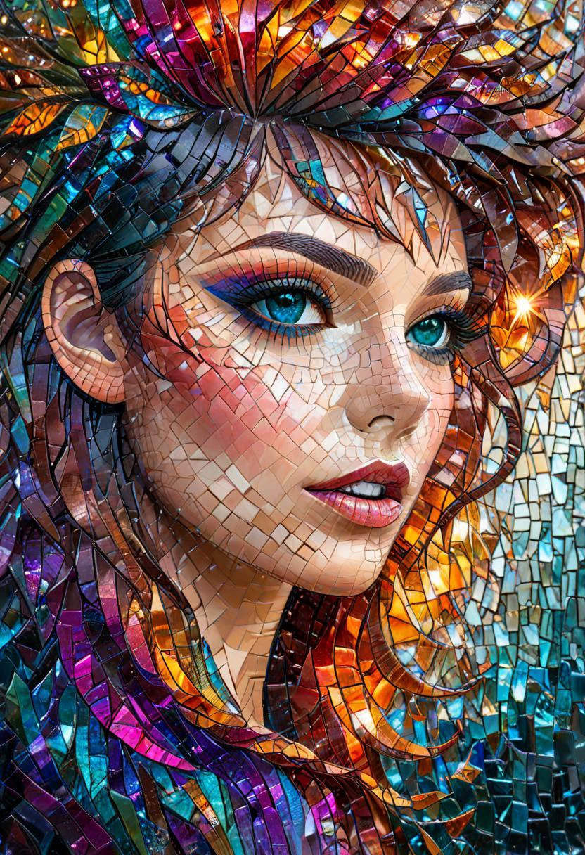 concept art mosaic, a young woman, close-up of face, wearing a multicolored shirt, <lora:ArtfullyMOSAIC_SDXL_V1:1.0>, <lora:DetailedEyes_V3:1.0>, . digital artwork, illustrative, painterly, matte painting, highly detailed
