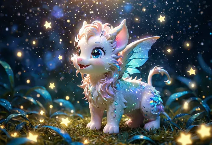 realistic photography of a cute magical chimera with terrifying presence made of stars in an enchanted wonderland, beautiful whimsical fantasy art concept, detailed background, glowing particles, intricate details, ultra sharp, realism <lora:star:1>