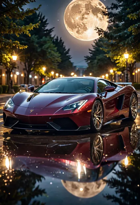 perfect sport car, shiny, moon ray, full moon, night, reflects