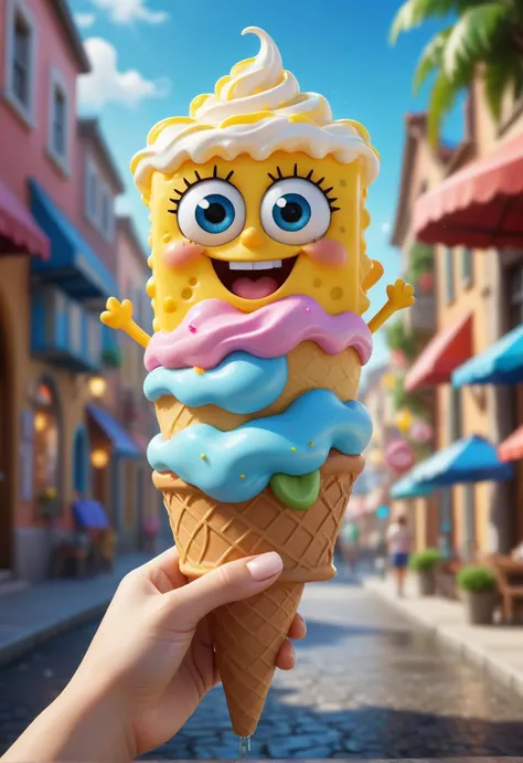 Awesome illustration,happy time,baby spongebob,ice cream in hand,8K texture,lurred scene