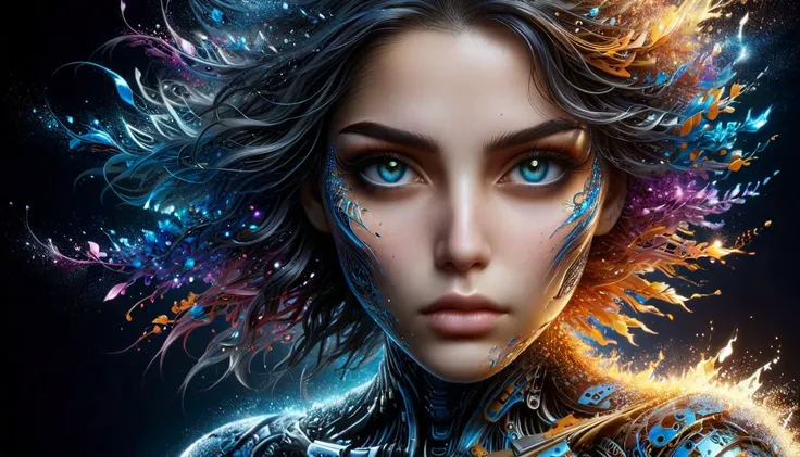 Paper quilling art of full shot, cybernetic robot breathtaking In this breathtaking world of Battle Angle at night, Alita comes to life in a stunning adaptation. Running towards the viewer, she commands attention, revealing every curve and line of her lean athletic form. Her charming and determined expression. The neon lights that bathe her in a warm glow. She maintains the same cool composure that made her such an iconic character. High contrast, vibrant colors, embedding:, extremely large detailed eyes. The overall effect is a stunning image that captures the style of Chris Cold and Jason Edmiston, . android, AI, machine, metal, wires, tech, futuristic, highly detailed, <lora:ral-dissolve:1> ral-dissolve . Intricate, delicate, curling, rolling, shaping, coiling, loops, 3D, dimensional, ornamental
