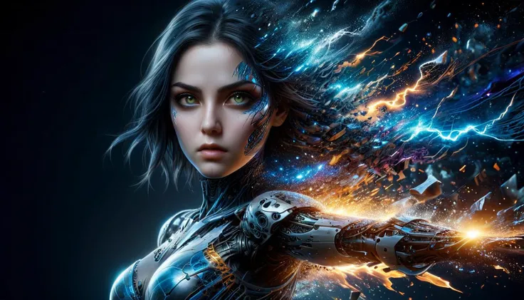 Typographic art full shot, cybernetic robot breathtaking In this breathtaking world of Battle Angle at night, Alita comes to life in a stunning adaptation. Running towards the viewer, she commands attention, revealing every curve and line of her lean athletic form. Her charming and determined expression. The neon lights that bathe her in a warm glow. She maintains the same cool composure that made her such an iconic character. High contrast, vibrant colors, embedding:, extremely large detailed eyes. The overall effect is a stunning image that captures the style of Chris Cold and Jason Edmiston, . android, AI, machine, metal, wires, tech, futuristic, highly detailed, <lora:ral-dissolve:1> ral-dissolve . Stylized, intricate, detailed, artistic, text-based