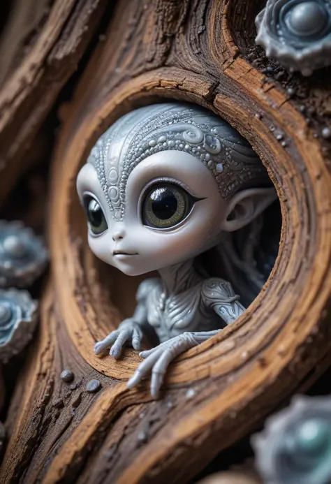 alien-themed macro photography of a mini cute [rock|gem] alien, vibrant shades of gray and white paint swirl across aged wood, revealing the emergence of a charming extraterrestrial alien being amidst the kaleidoscopic chaos, encapsulating the essence of cosmic wonder in perfect clarity and precision. . extraterrestrial, cosmic, otherworldly, mysterious, sci-fi, highly detailed,