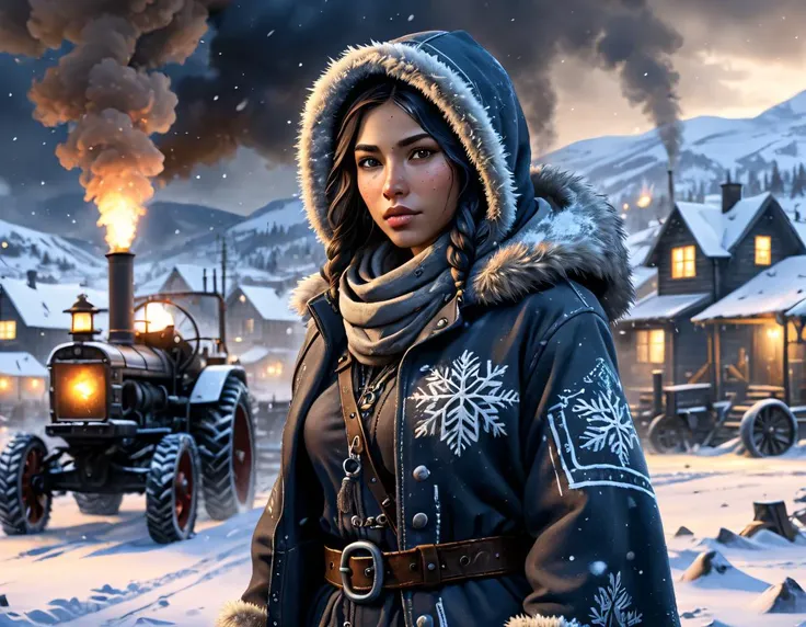breathtaking frostpunk, a beautiful first nations woman 21 yo, dressed in retro winter garb, hood. (snowing:1.2), at dusk. walled settlement, machinery, belching smoke in the background. steam tractor. . award-winning, professional, highly detailed,