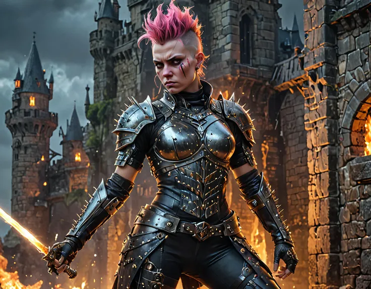 Medieval Punk: A fierce warrior with spiked leather armor and a mohawk fashioned from braided hair stands atop a crumbling castle wall, brandishing a glowing neon sword as they defend their kingdom from an encroaching robotic army.
<lora:xl_more_art-full_v1:0.6>, <lora:add-detail-xl:1.0>