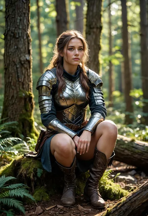 RAW photography, 1girl, At the edge of an oak forest, where the trees meet the expanse beyond, a weary female warrior sits on a moss-covered stump. Her armor, tarnished and marred by the rigors of battle, speaks volumes about the trials she endured. Legs slightly apart, she balances on the uneven ground, staring at the viewer with a mixture of exhaustion and determination. The lines of fatigue etched on his dirty face tell the story of countless skirmishes fought in the name of honor and duty. Yet, despite the weariness that weighs on her, there remains in her eyes a fierce resilience, a reminder of the indomitable spirit that drives her. In this moment of respite at the edge of the forest, she gathers her strength, ready to face the challenges that await her. , (Looging at viewer:1.2), style of Ansel Adams, <lora:add_detail:1>, high quality photography, 3 point lighting, flash with softbox, 16k, Leica M6, Ektachrome 64, smooth, sharp focus, high resolution, award winning photo, 50mm, f2.8, depth of field