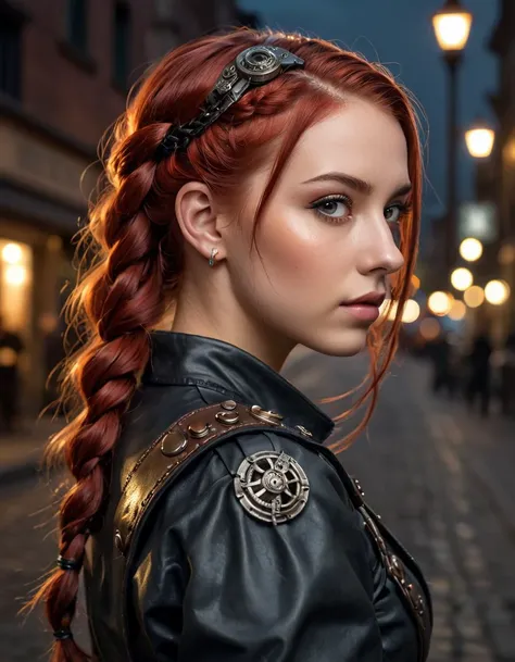 dieselpunk young woman, dieselpunk city at night, realistic, braided side hawk, looking back and from behind, blood red hair, gears, ancient technology, metal,